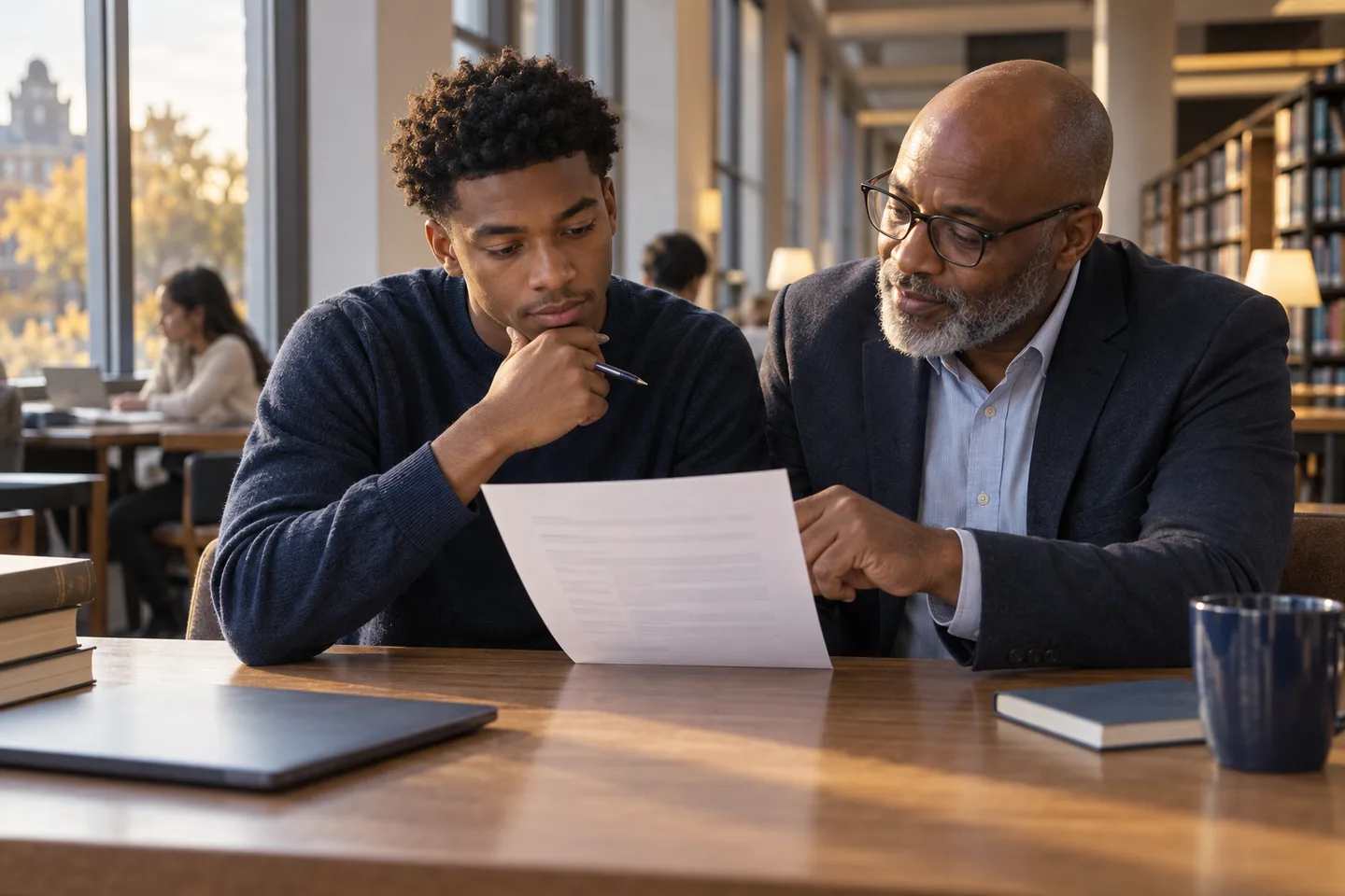 Young man and an experienced mentor reviewing a one page resume together at a public library table
