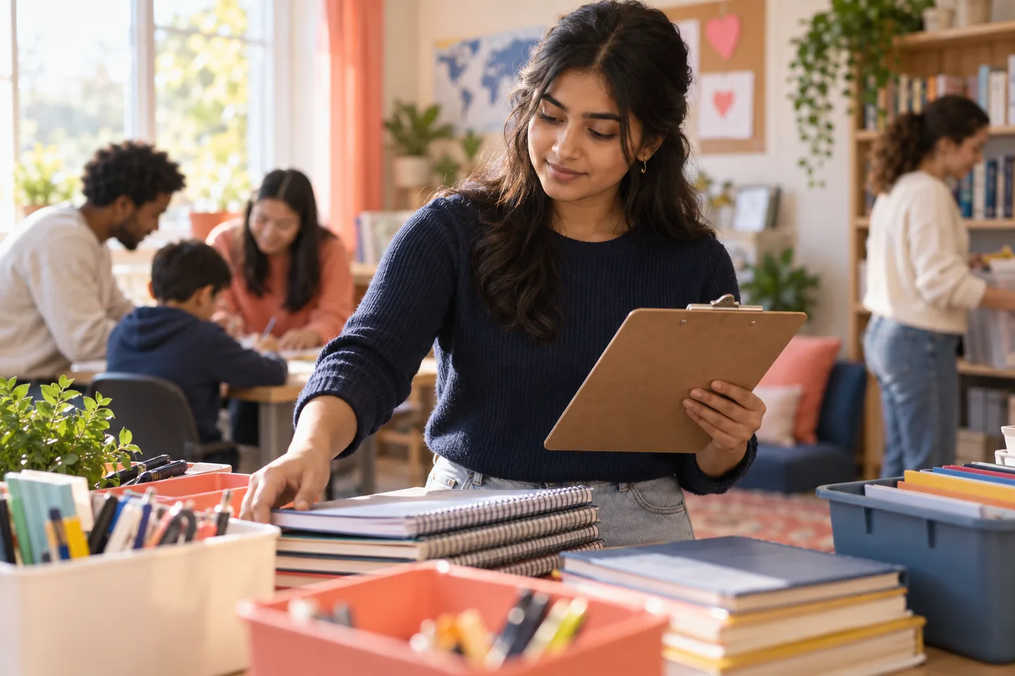 Young volunteer organizing notebooks and learning supplies with a clipboard in a community tutoring room