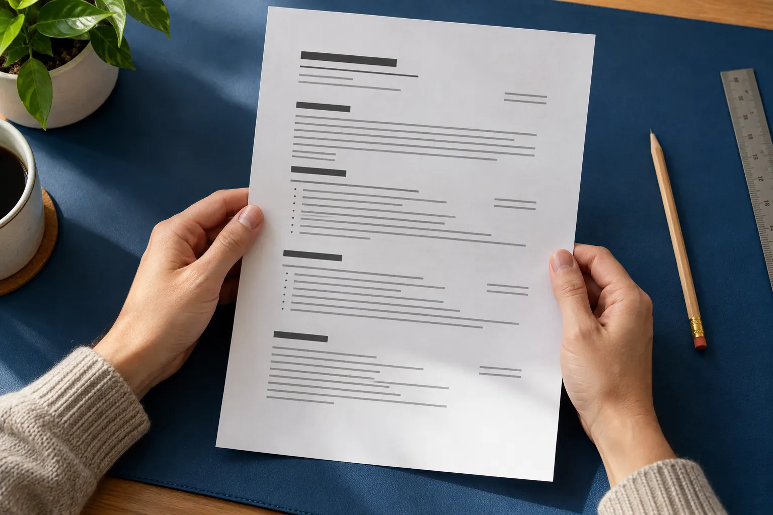 Hands hold a page with indistinct text lines over a blue desk mat beside a pencil and ruler