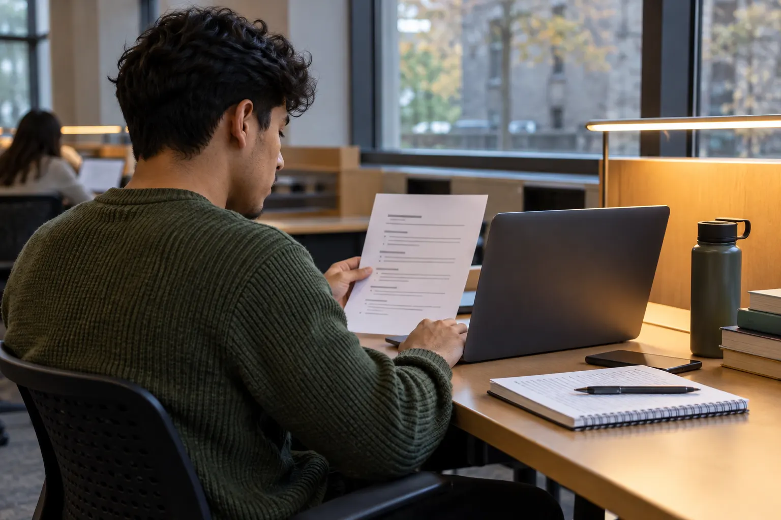 Young man in a green sweater compares a printed document beside a laptop in a quiet study room