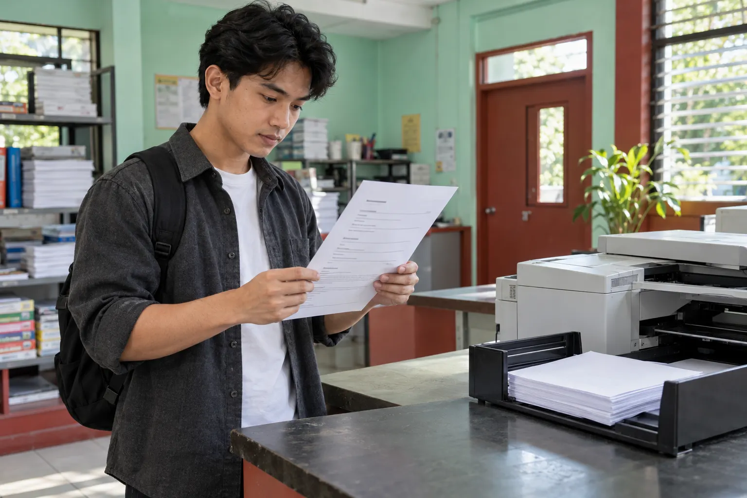 Young man examines a printed resume beside a printer in a mint-colored community print room