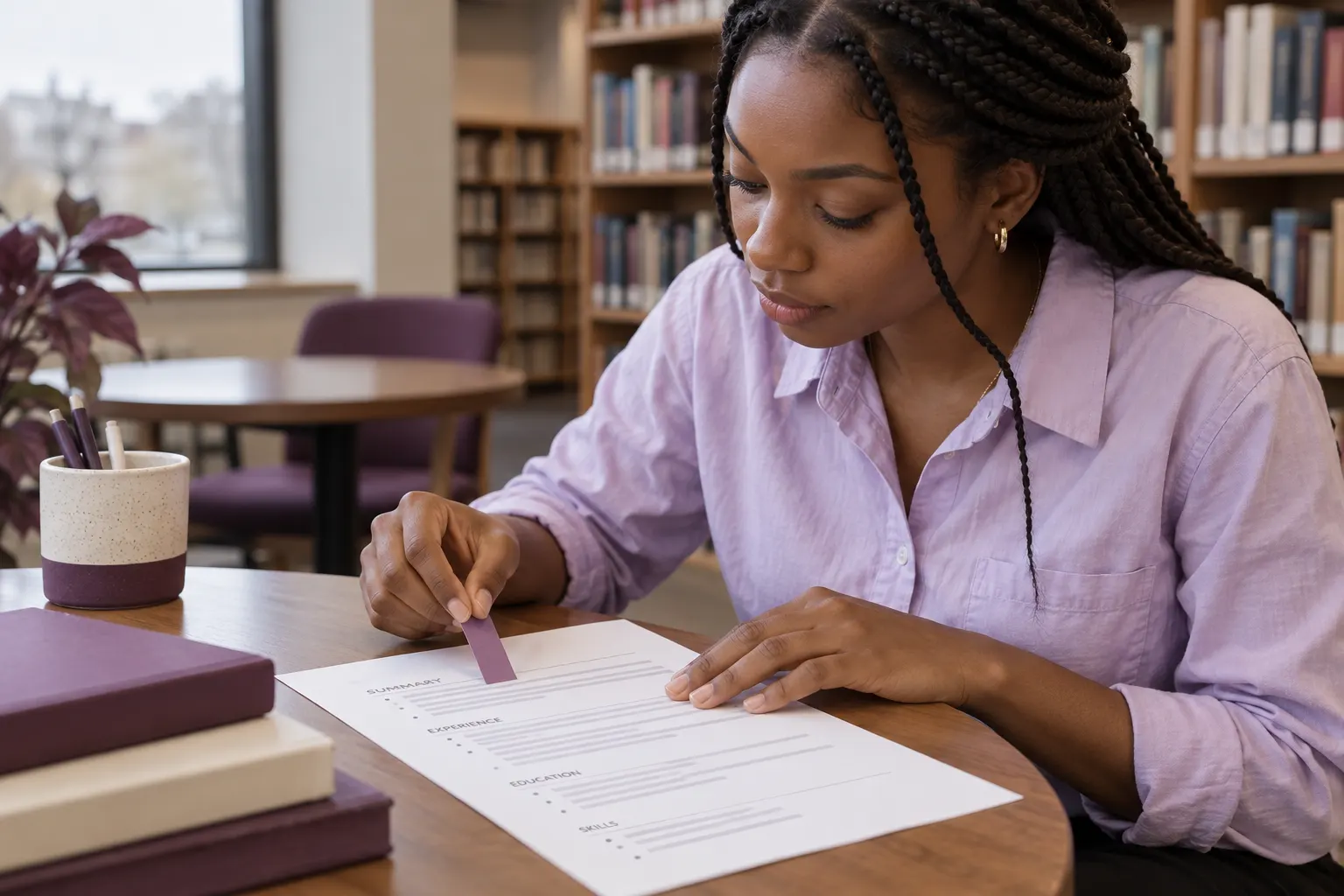 Young woman in a lilac shirt uses a paper marker while checking headings on a printed resume in a library