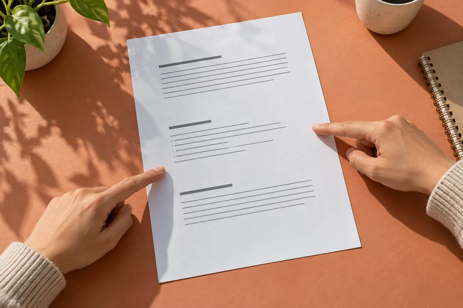 Hands point to spaces between indistinct text blocks on a sheet placed on a terracotta desk