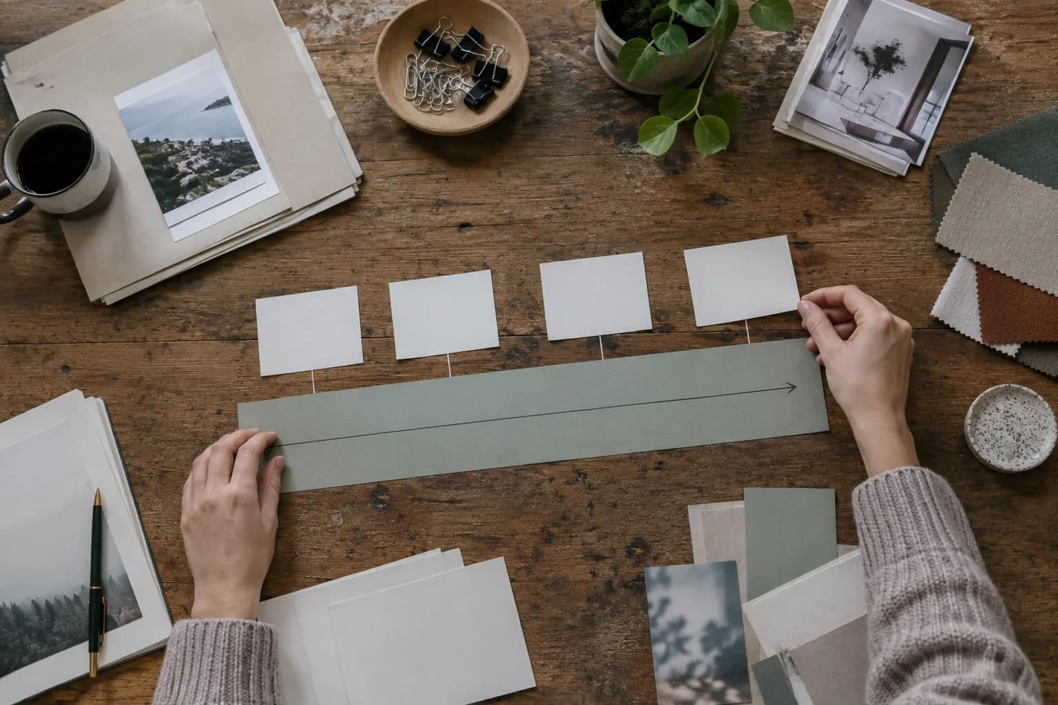 Hands arranging blank project and date cards to distinguish one freelance practice from individual assignments