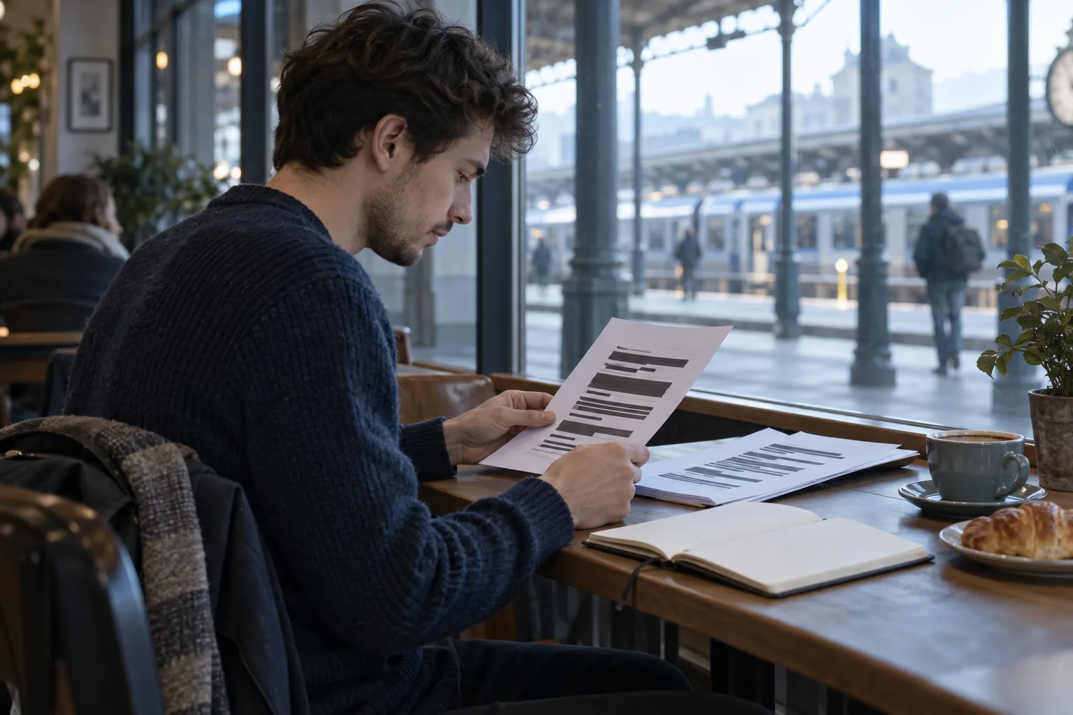Freelance translator reviewing anonymous work samples in a cafe without showing client information