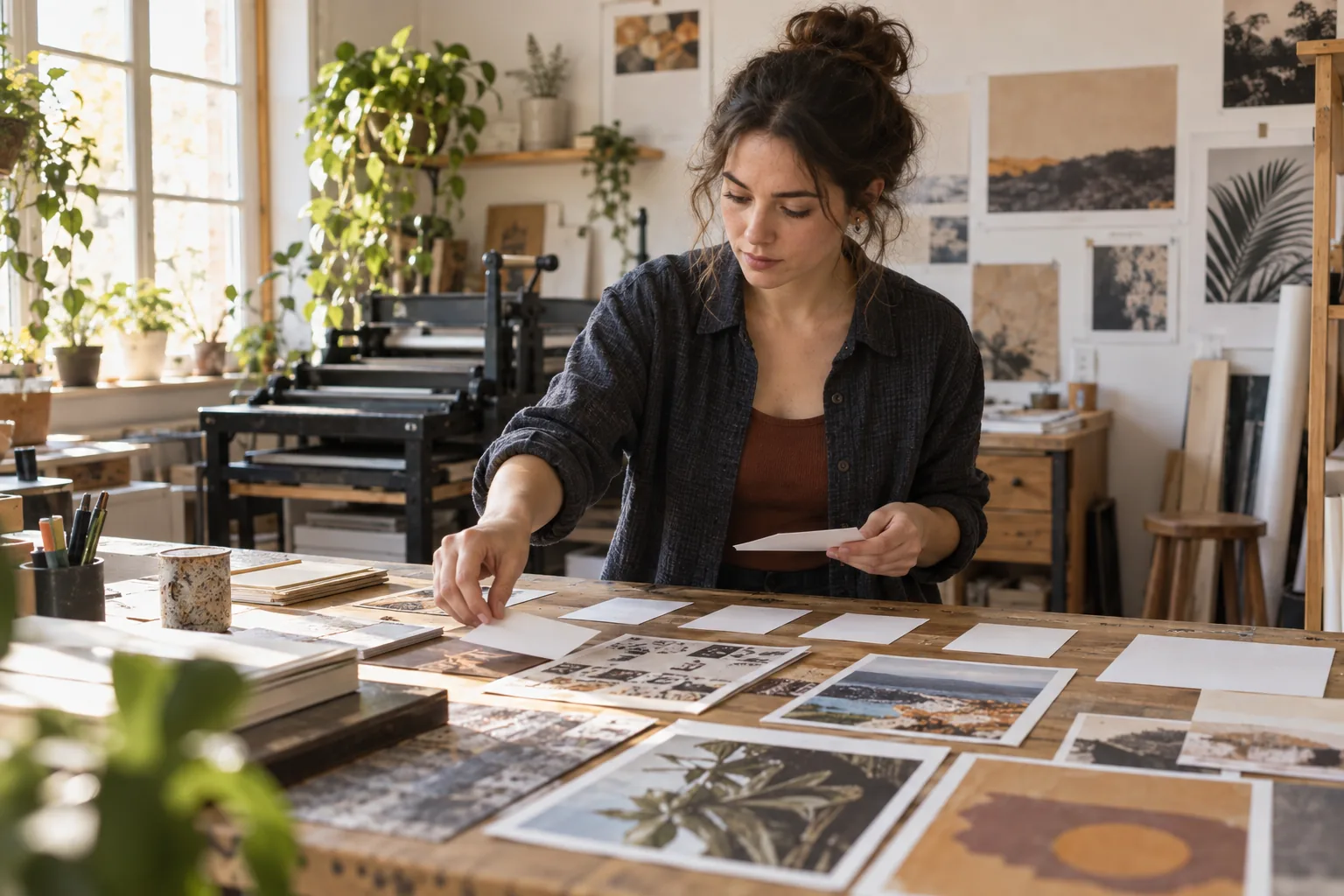 Young freelance designer sorting anonymous project samples and blank timeline cards in a neighborhood print studio
