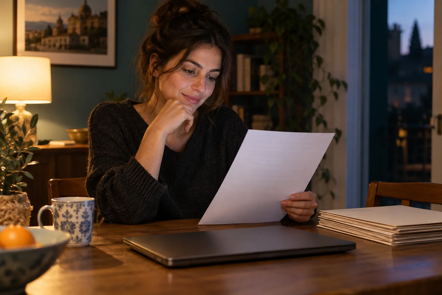 Young professional checking a printed anonymous resume and neatly organized project files at home