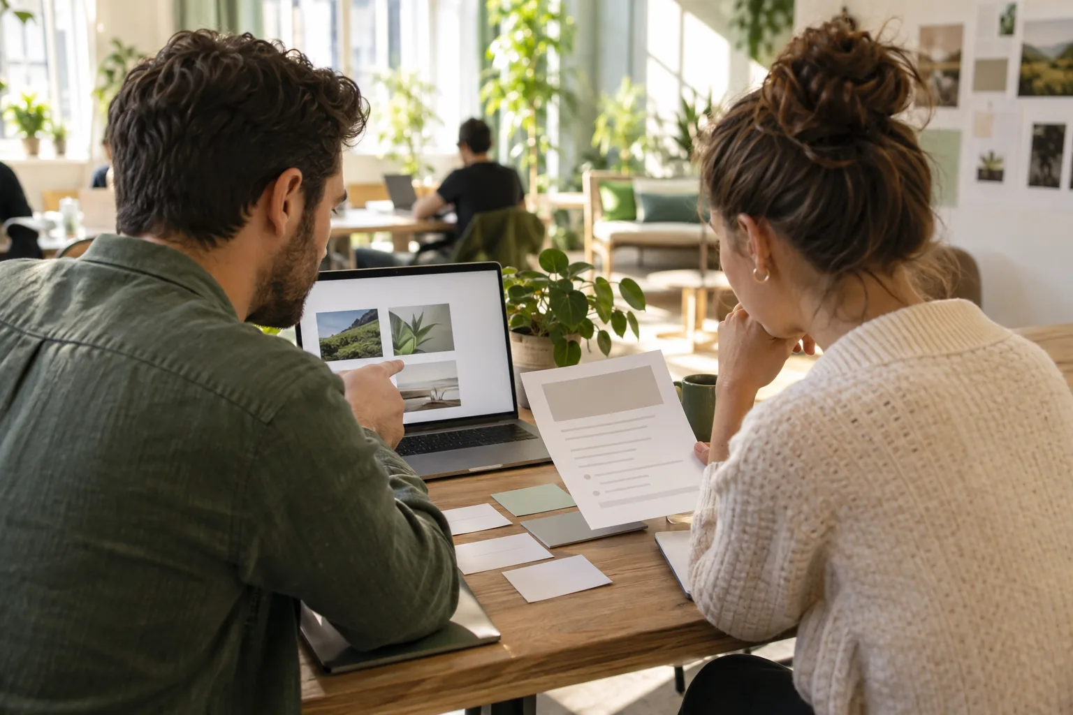 Two professionals comparing anonymous role requirements with blank freelance project cards in a coworking room