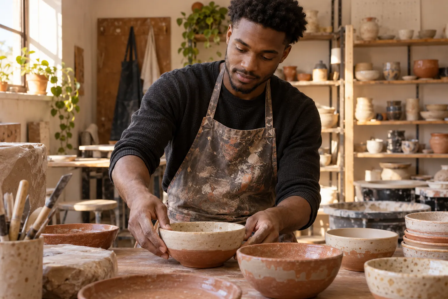 Young adult arranges handmade bowls in a community pottery studio