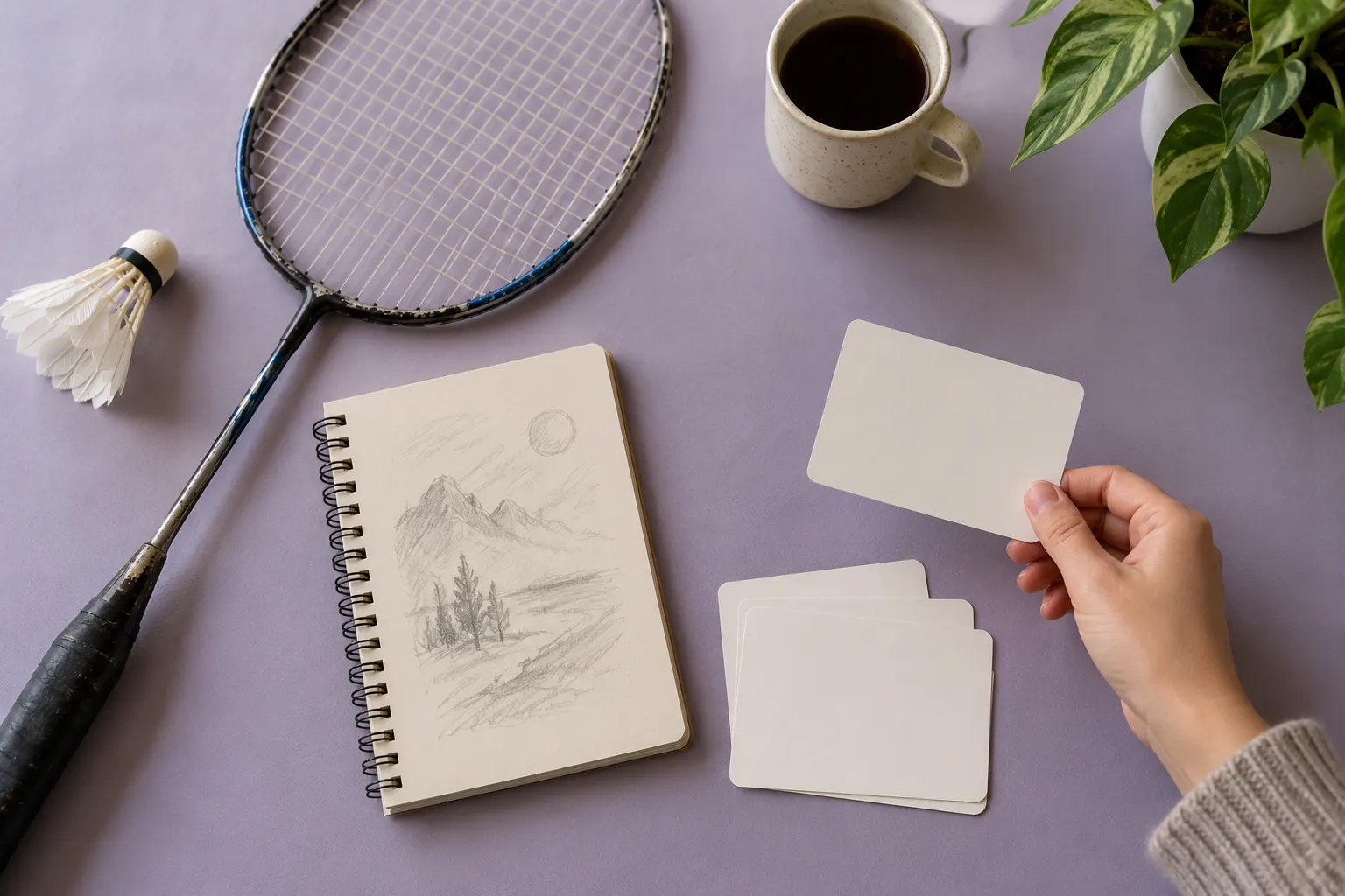 A hand selects one plain card beside a badminton racket and sketchbook