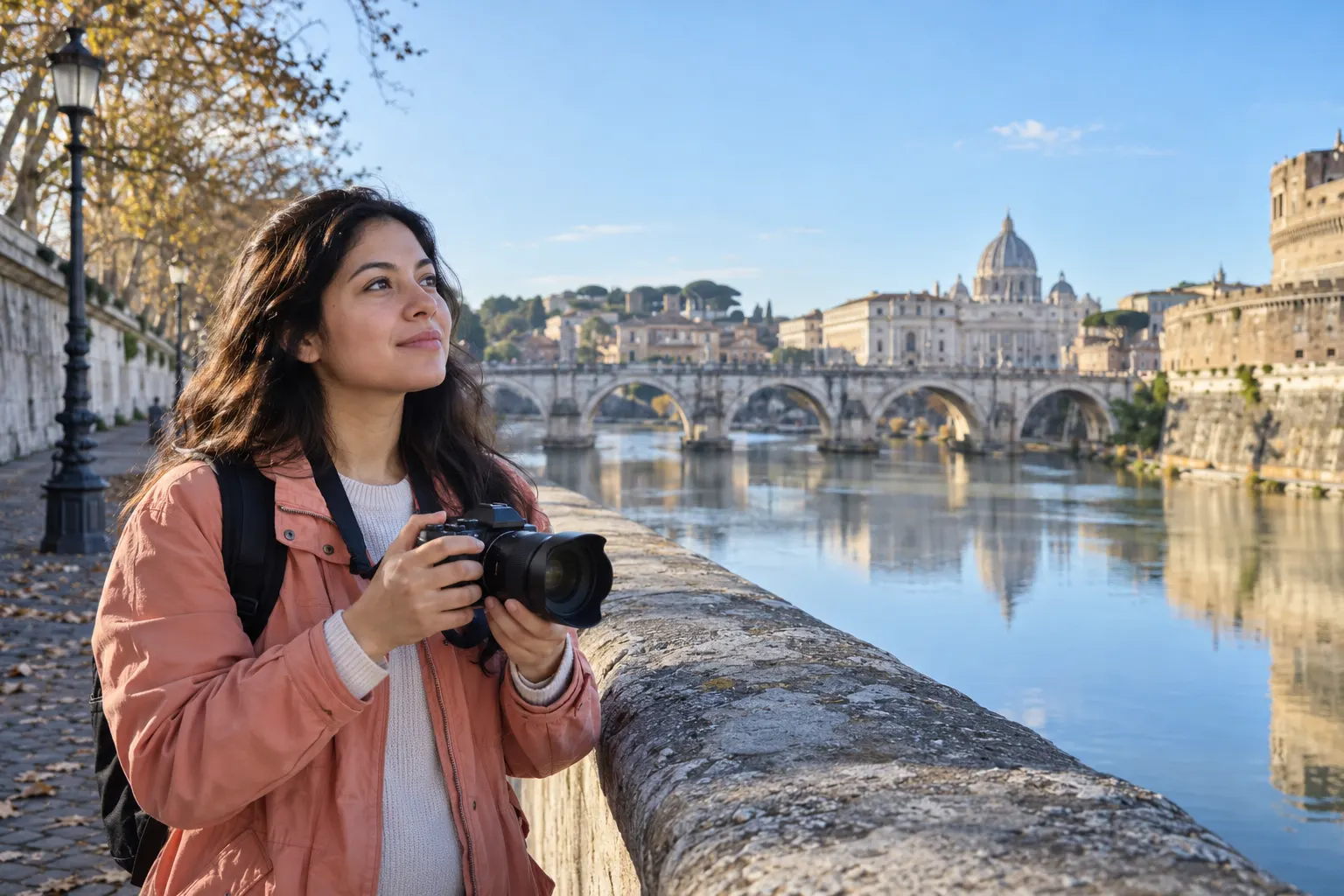 Young photographer observes riverside architecture while holding a camera