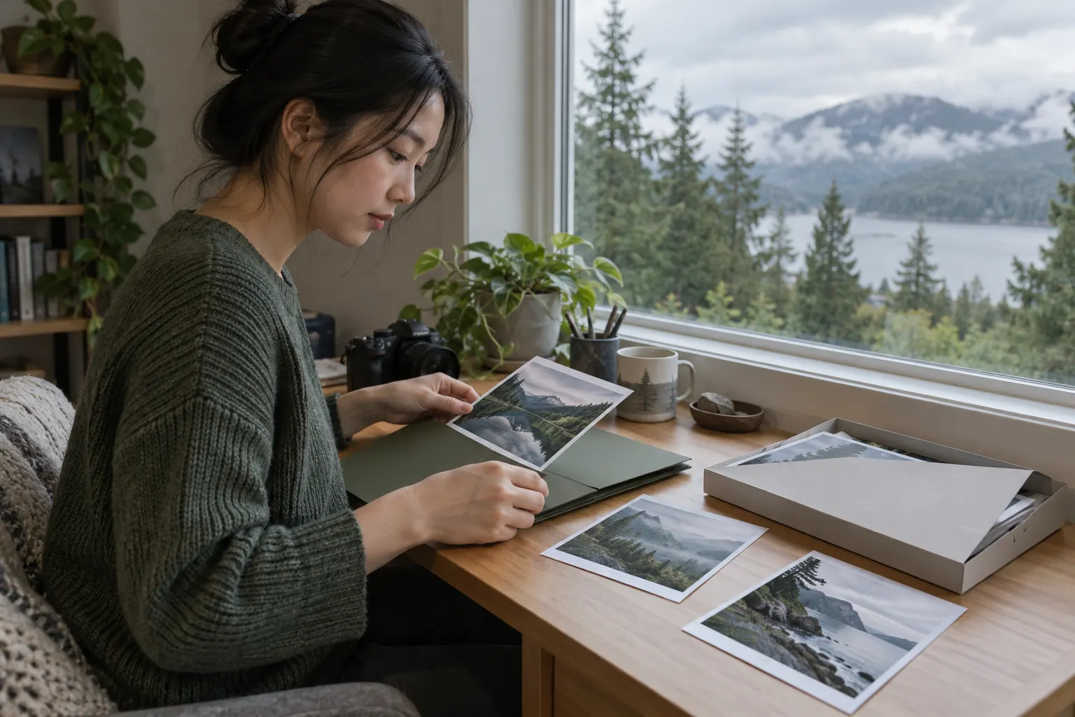 Young photographer sorts landscape prints into a plain folder beside a window