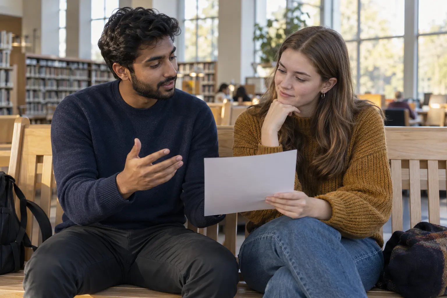 Two young adults discuss an application sheet on a library bench