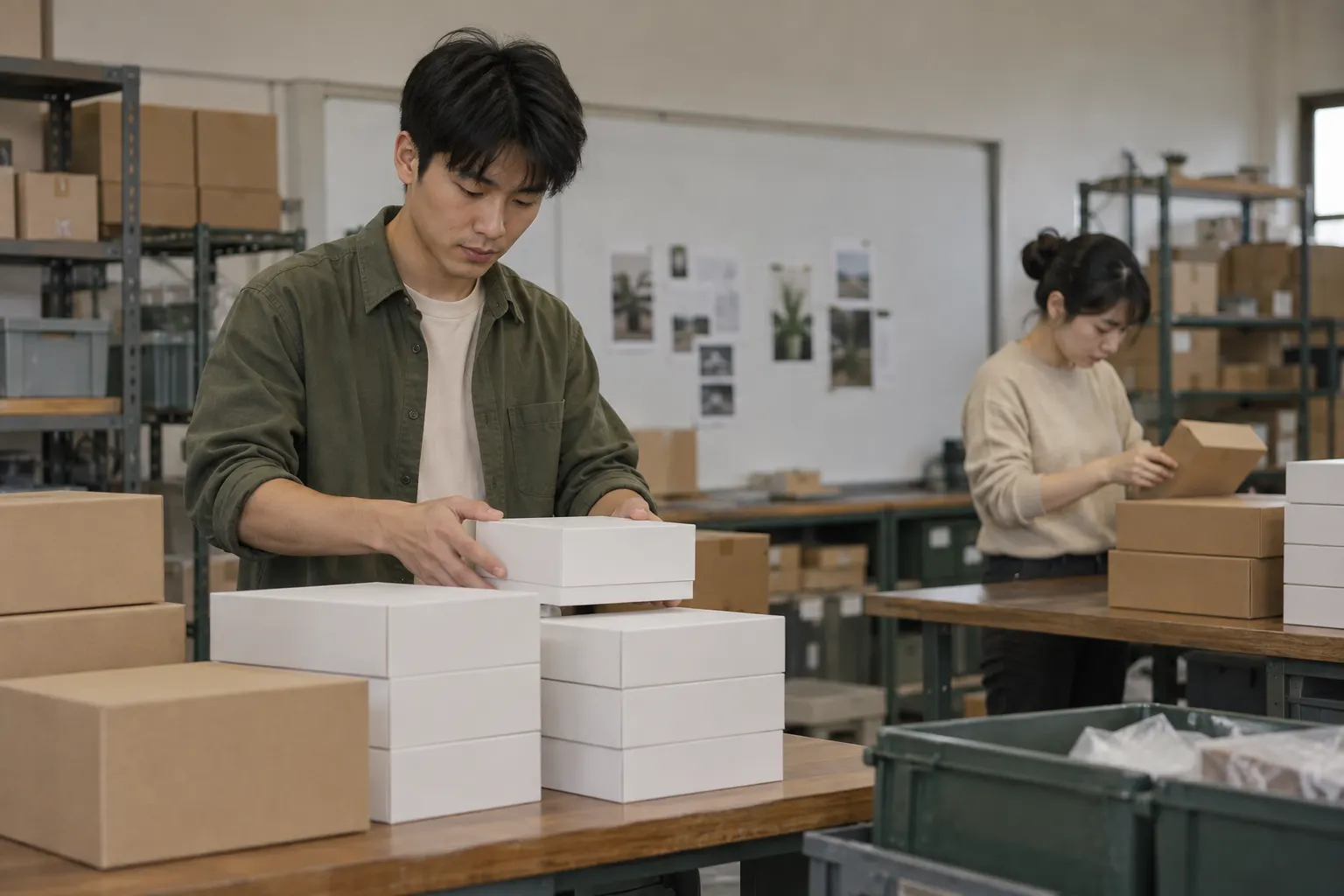 Young intern sorts plain sample boxes while a colleague independently checks another stack