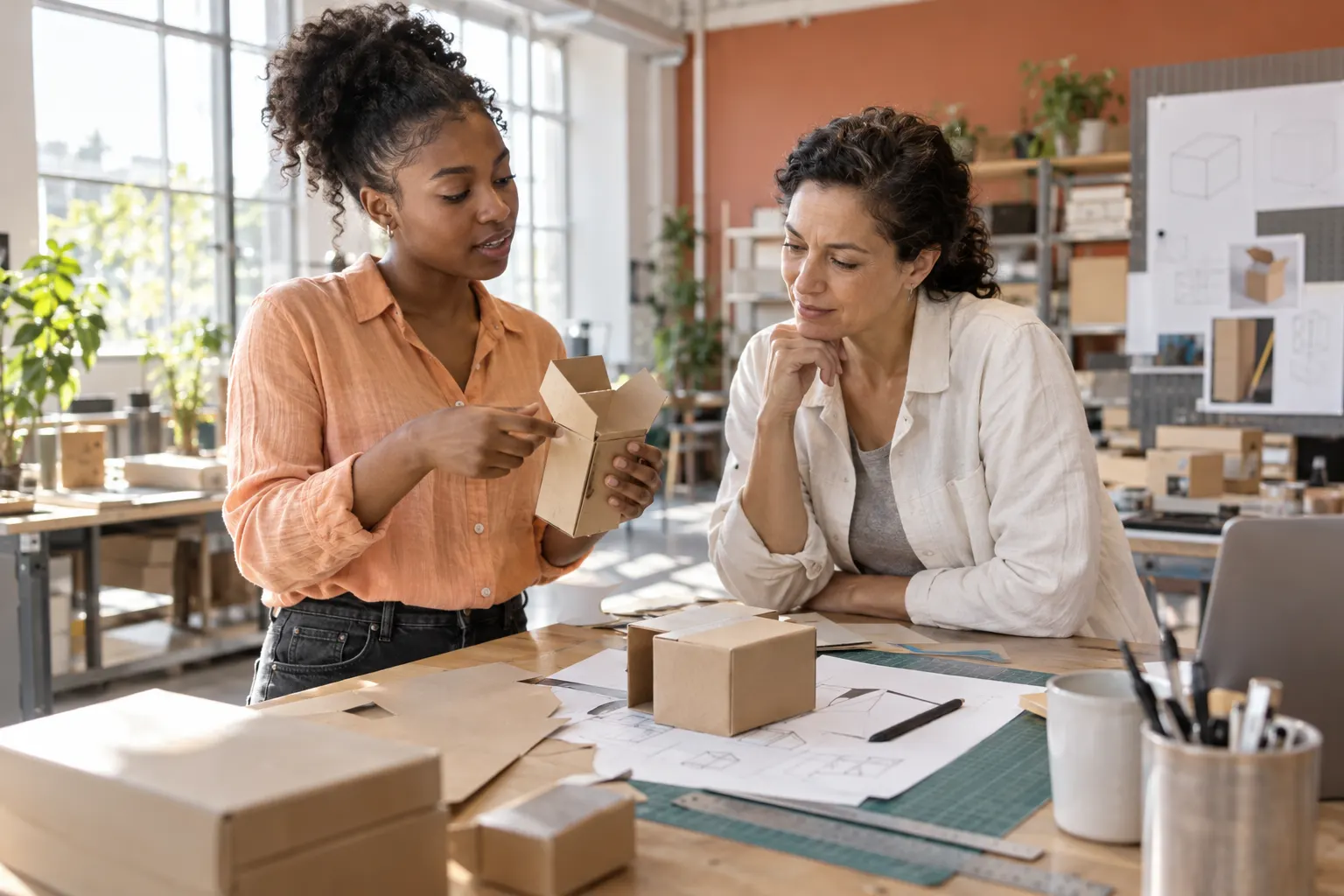 Young intern explains a small cardboard packaging prototype to a mentor at a bright workshop bench