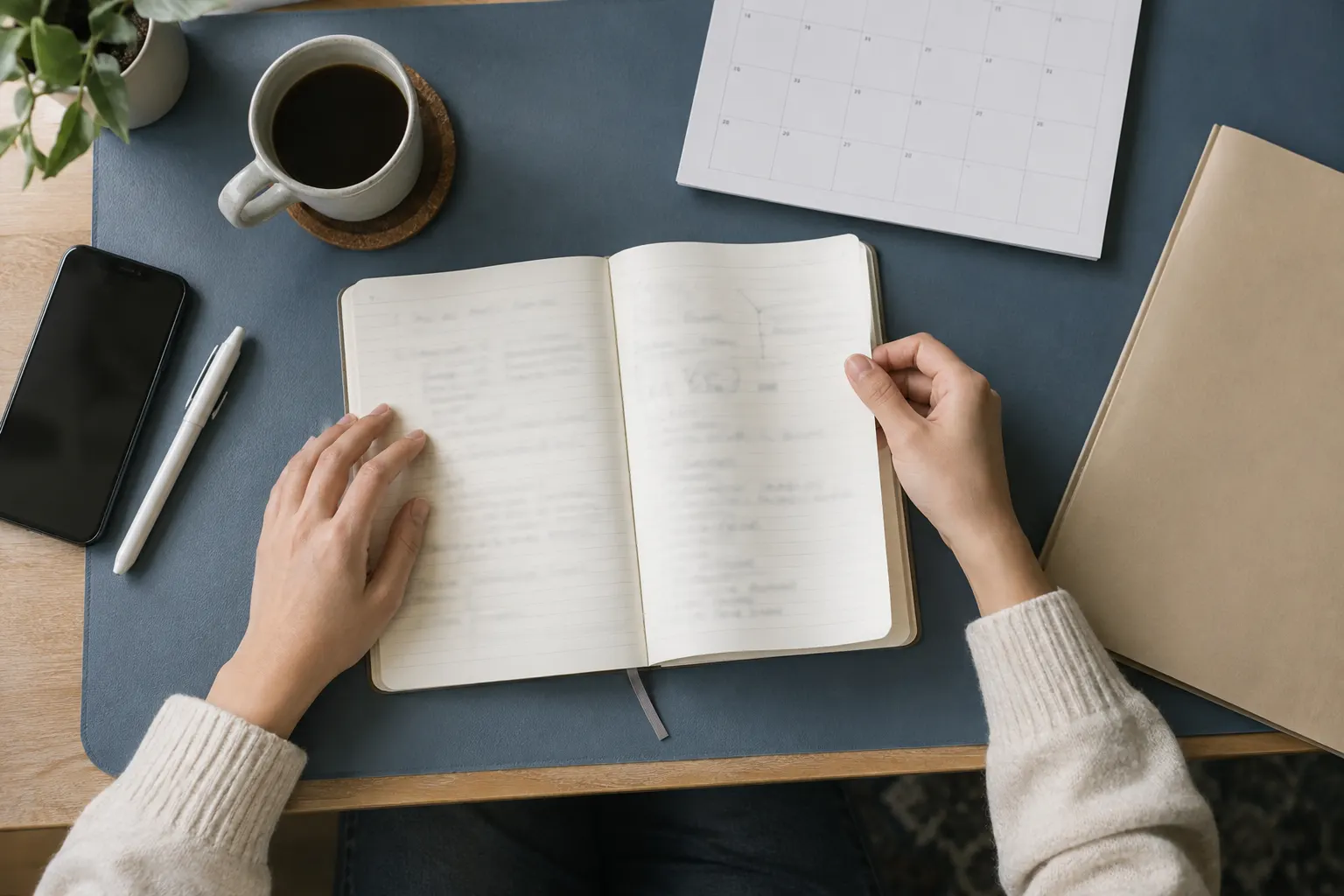Hands check an indistinct placement notebook beside a calendar page and folder on a blue desk mat