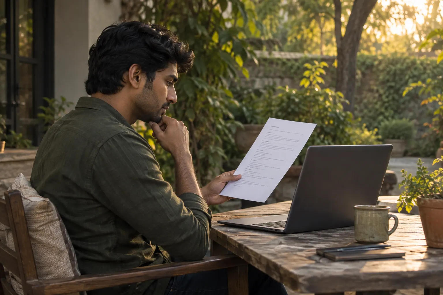Young man compares a plain printed resume and laptop on a quiet garden patio