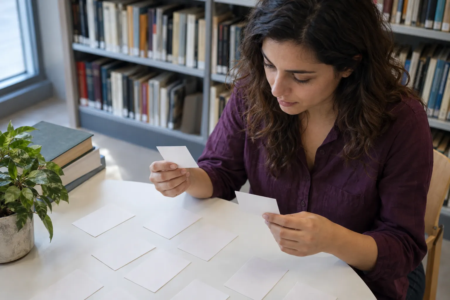 Young woman selects two plain task cards from a larger set at a small library table
