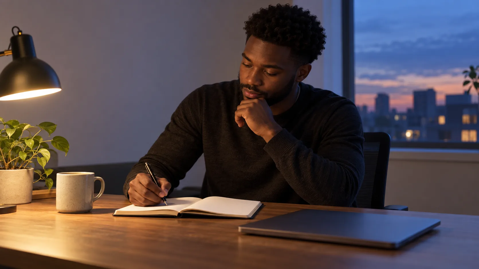 Candidate writing a calm post-interview debrief beside a closed laptop