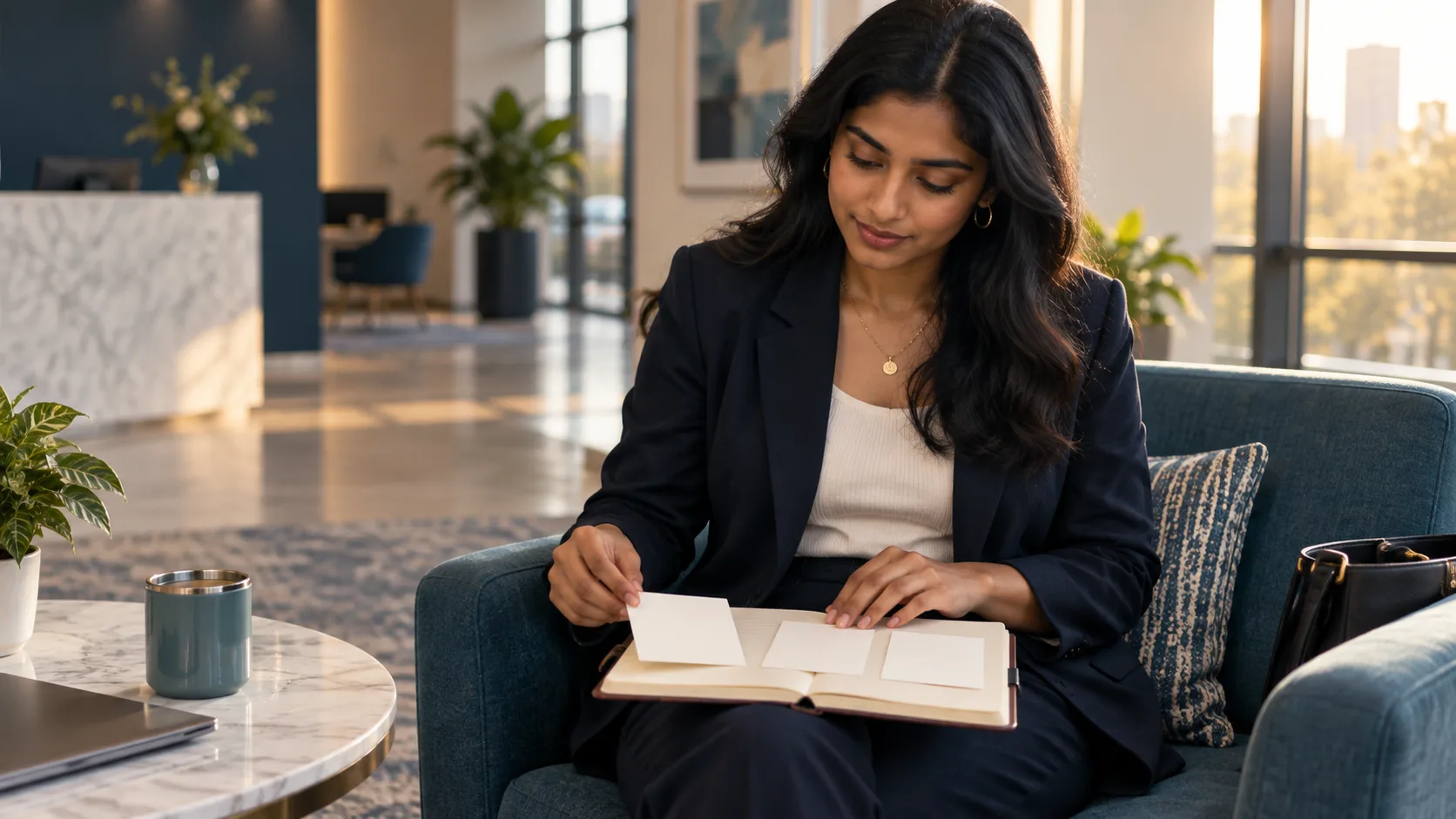 Candidate arranging three blank question cards after a job interview