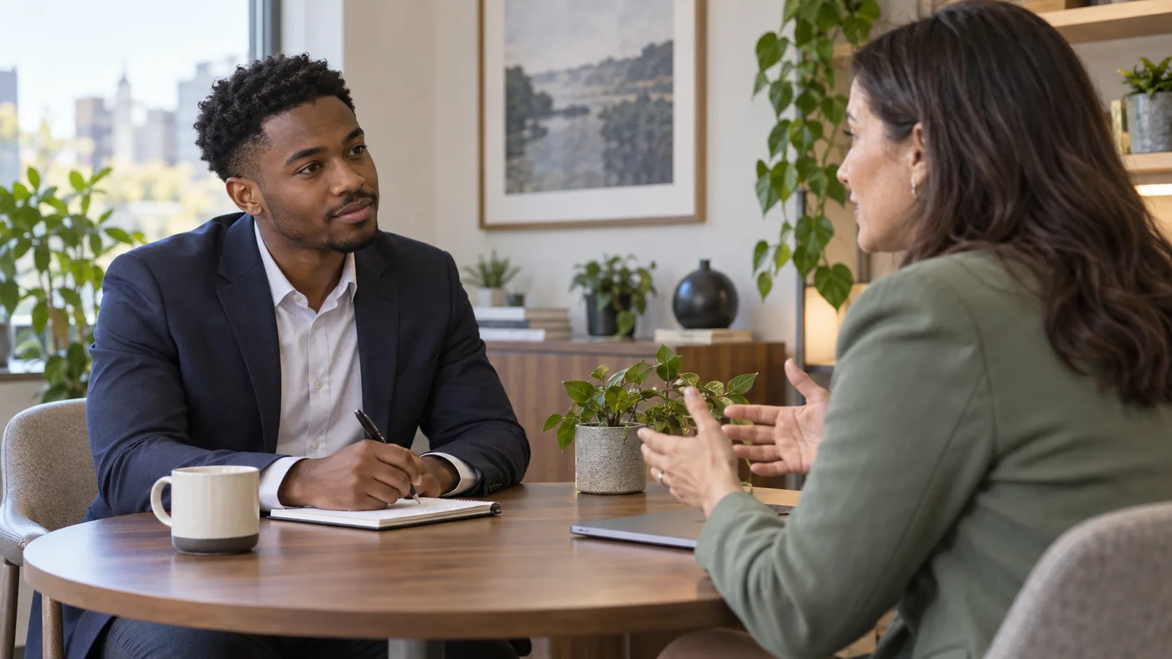 Candidate listening to a hiring manager across an interview table