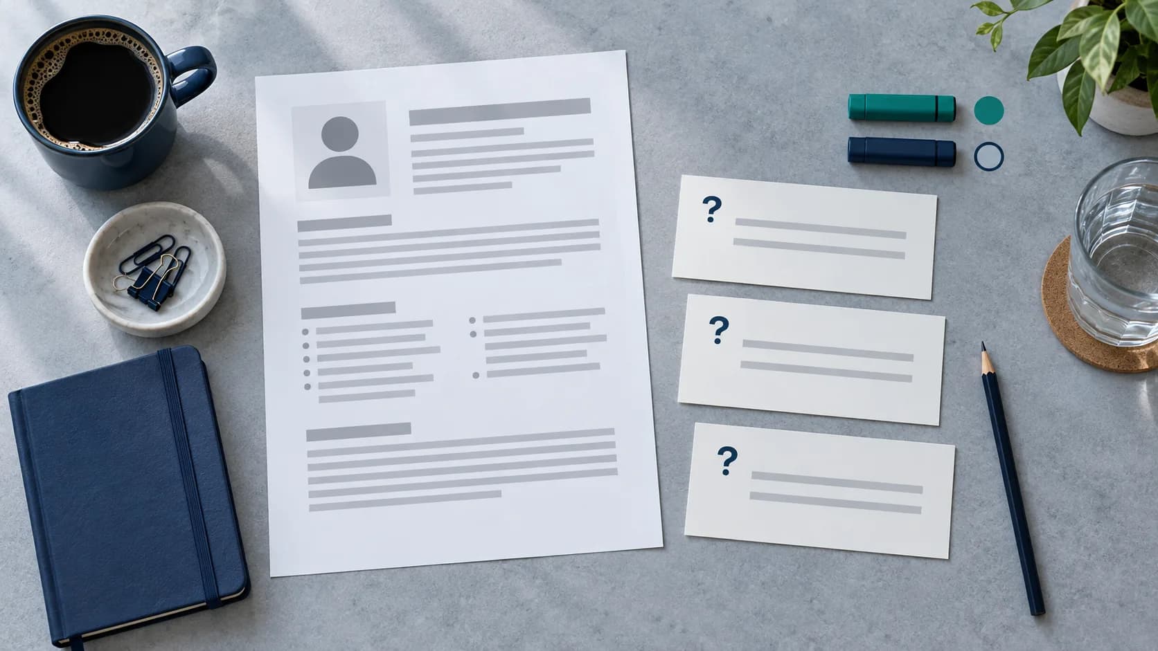 Anonymized job brief beside blank interview question cards