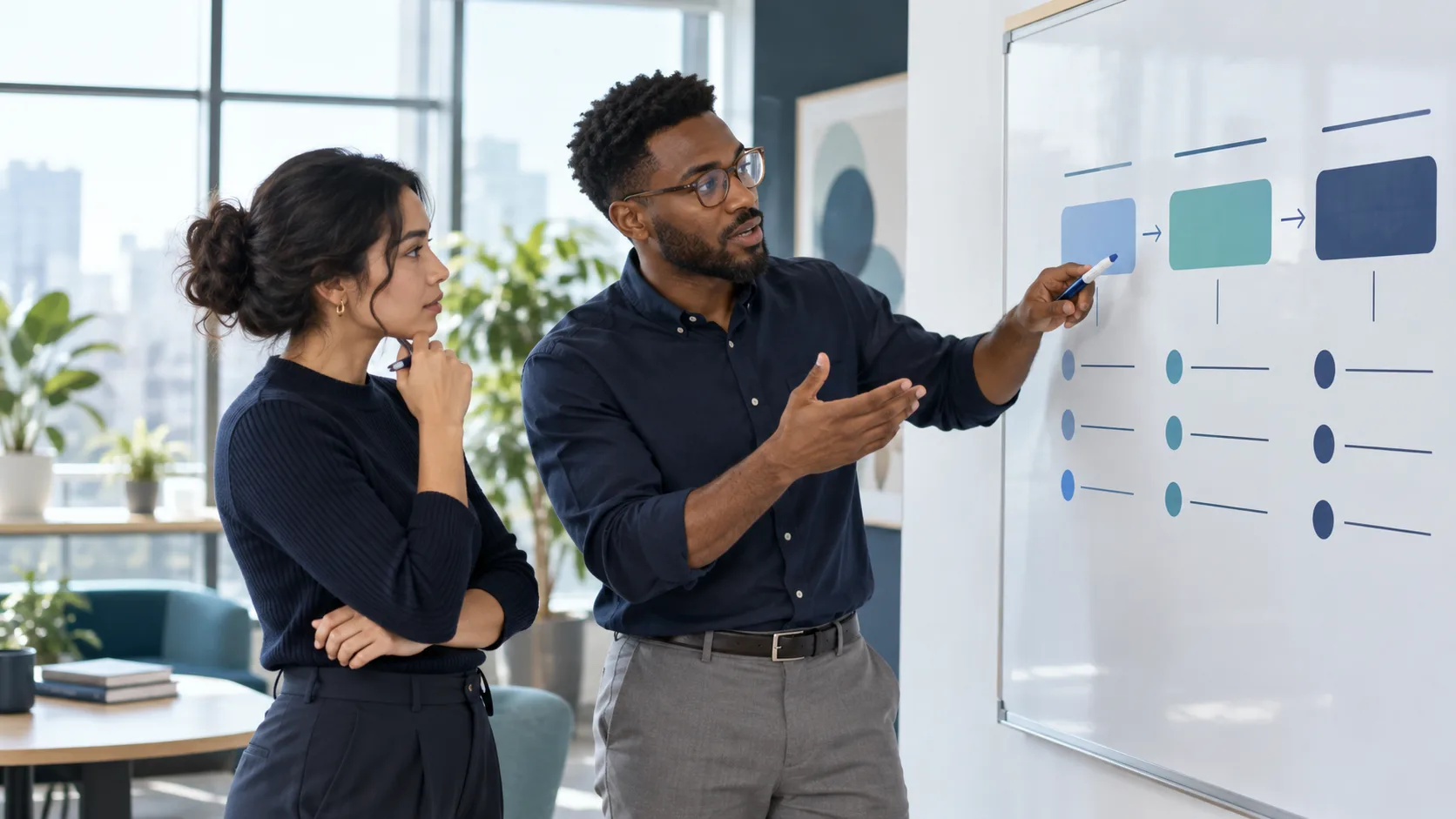 Two professionals mapping unlabeled milestones on a planning board