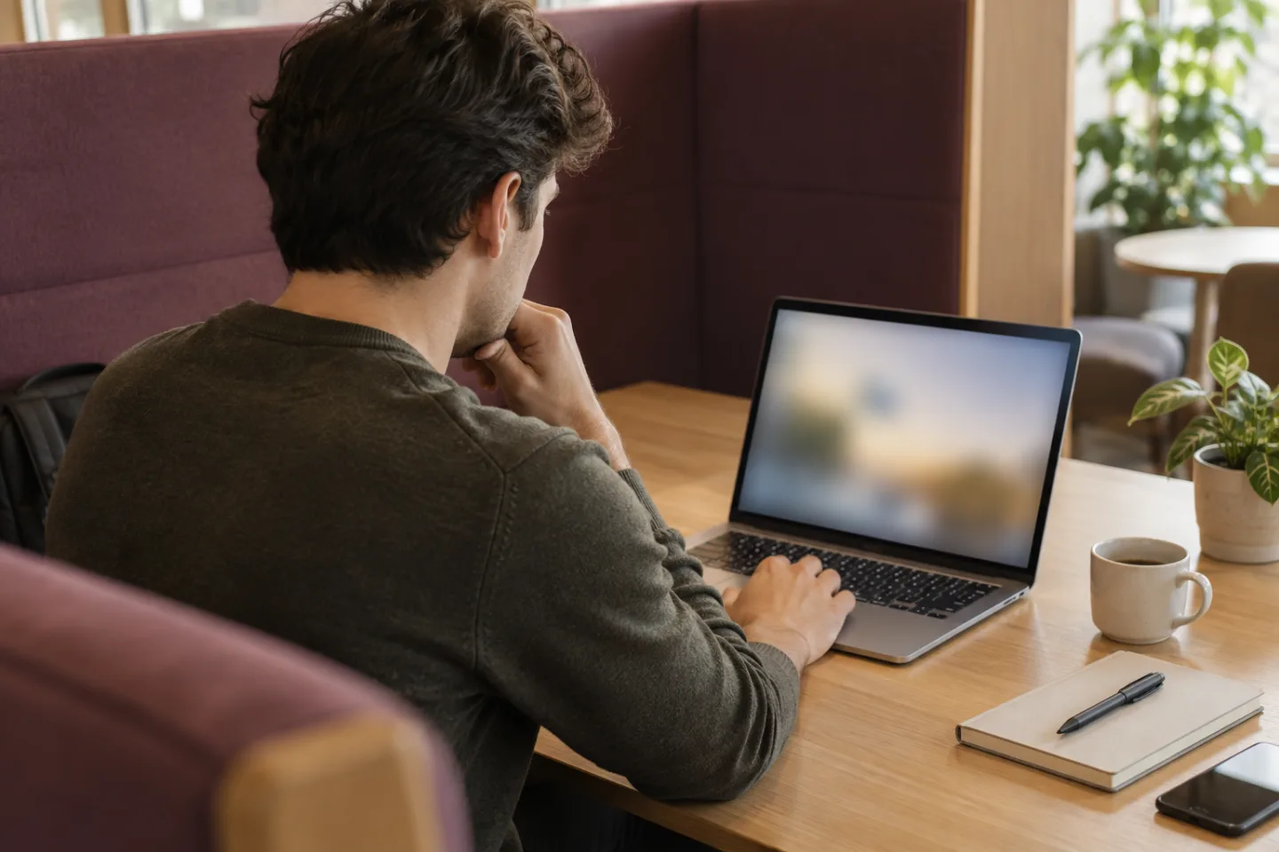 Young adult pausing over a blurred laptop draft in a quiet shared workspace