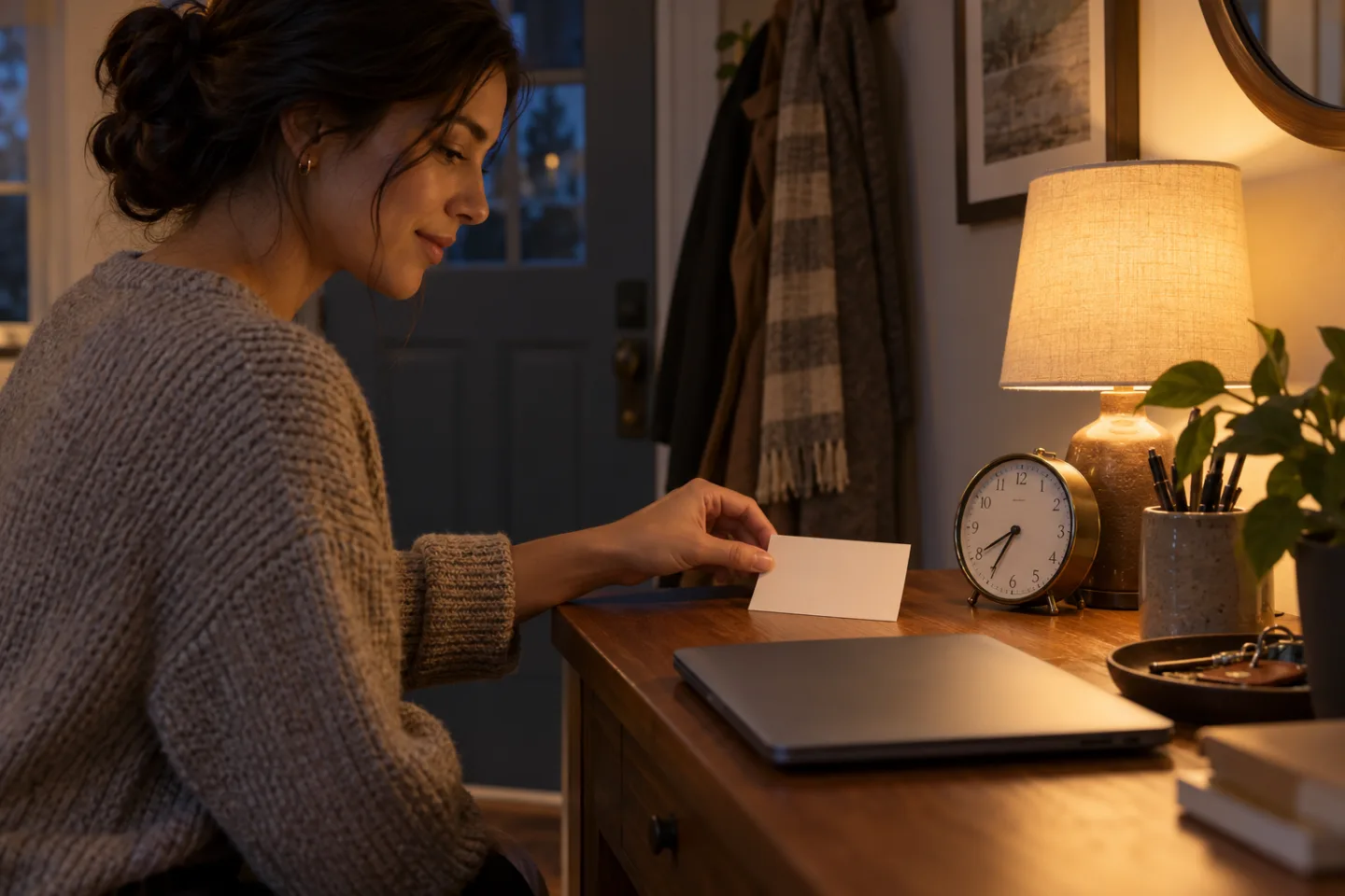 Young adult placing a blank reminder card beside an analog clock and closed laptop at home
