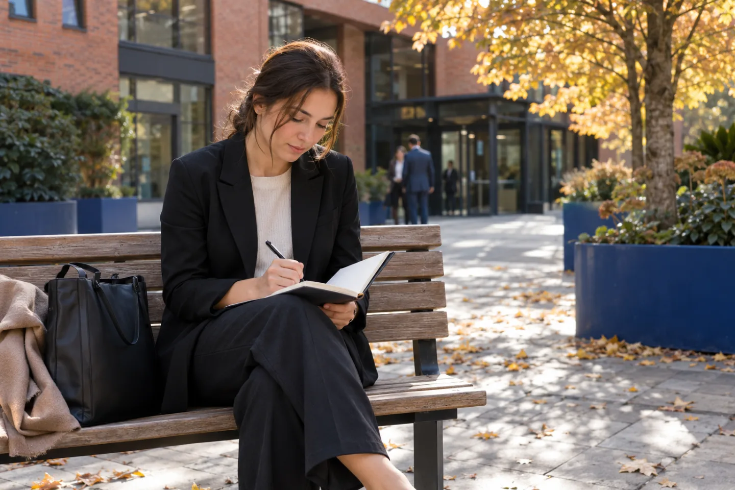 Young adult jotting private interview memories on a bench outside an office on an autumn day