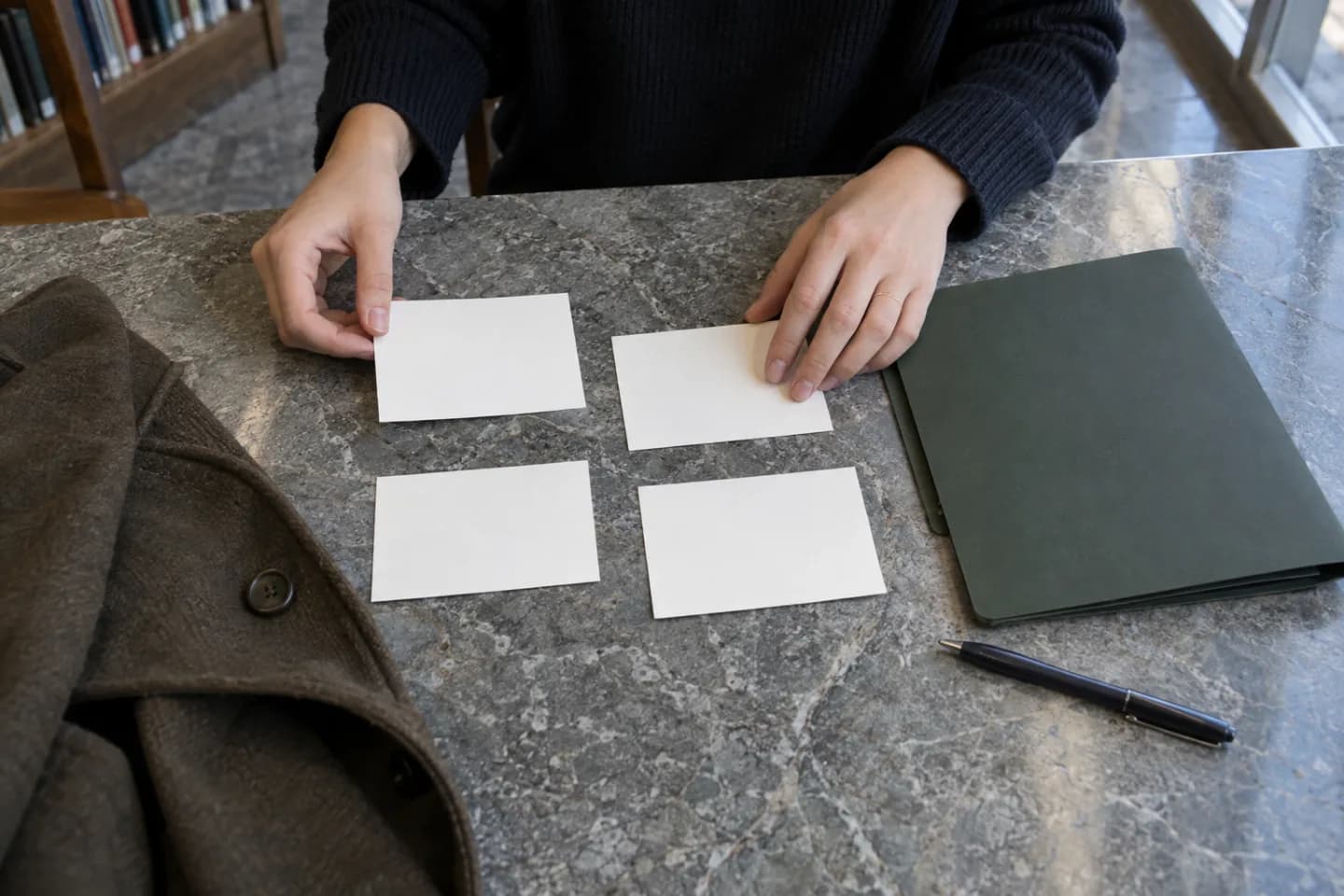 Hands sorting blank interview-memory cards beside a closed folder at a library table