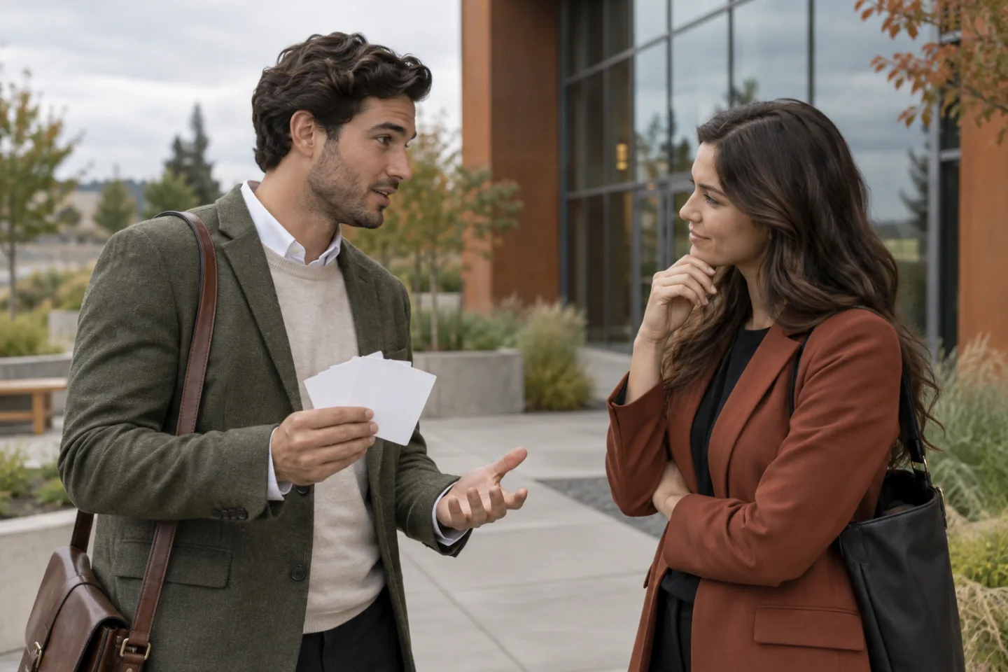 Two young professionals considering several blank recipient cards outside a workplace