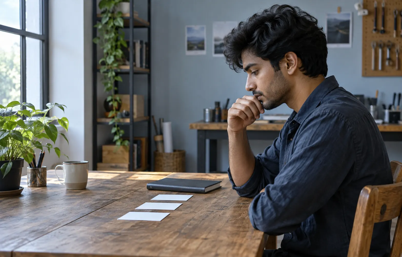 Young man considers separate blank cards at a wooden workshop table