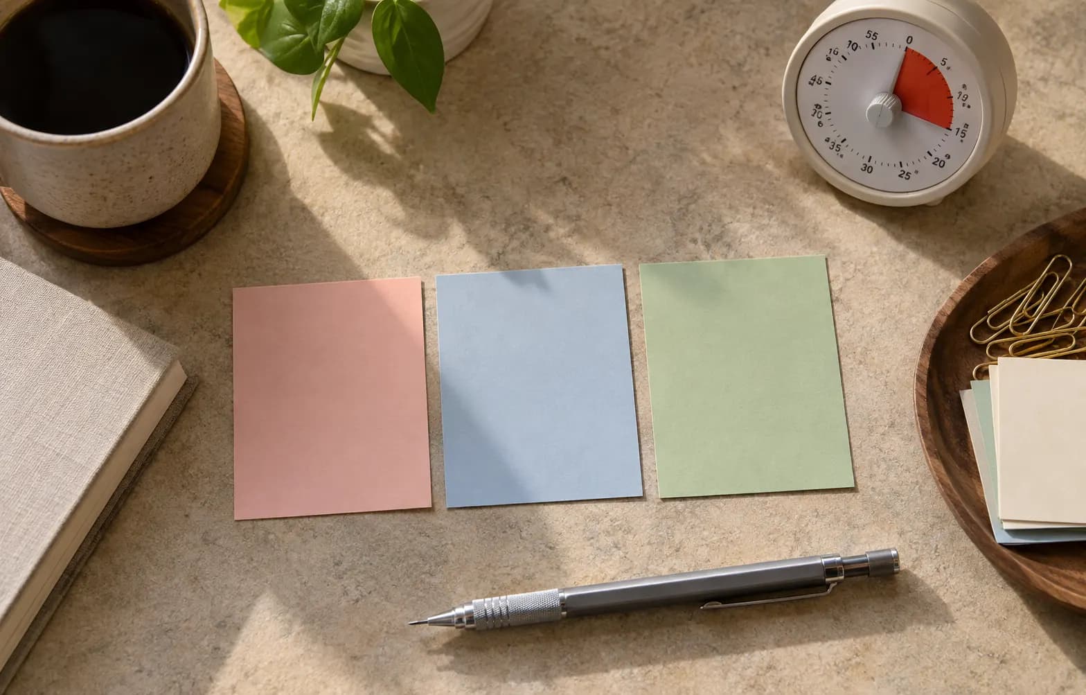 Anonymous paper notes, three colored cards and a small timer on a beige table