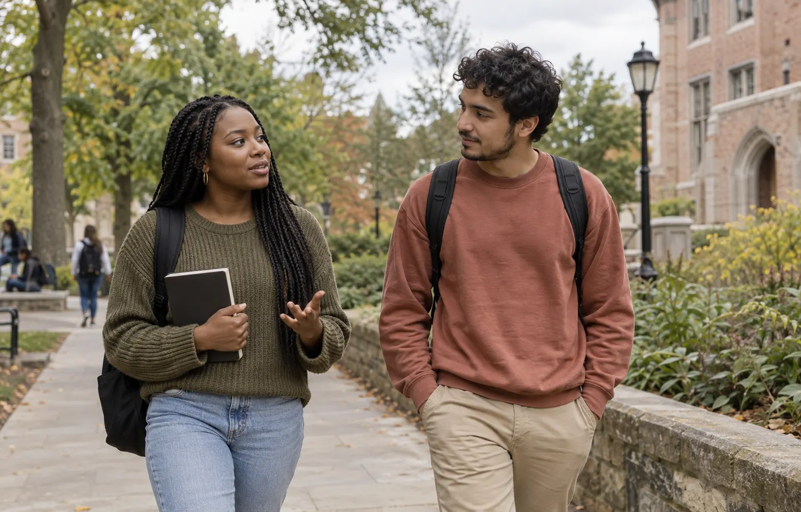 Two young adults discuss feedback while walking along a landscaped campus path