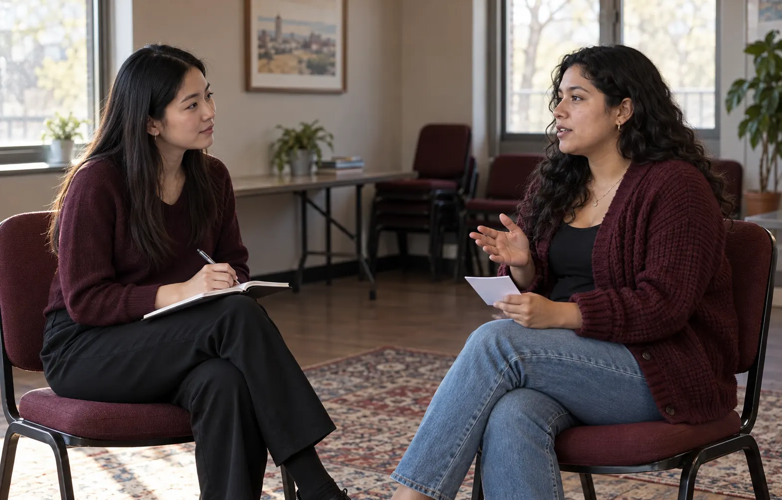 Two young women rehearse an interview in a modest meeting room