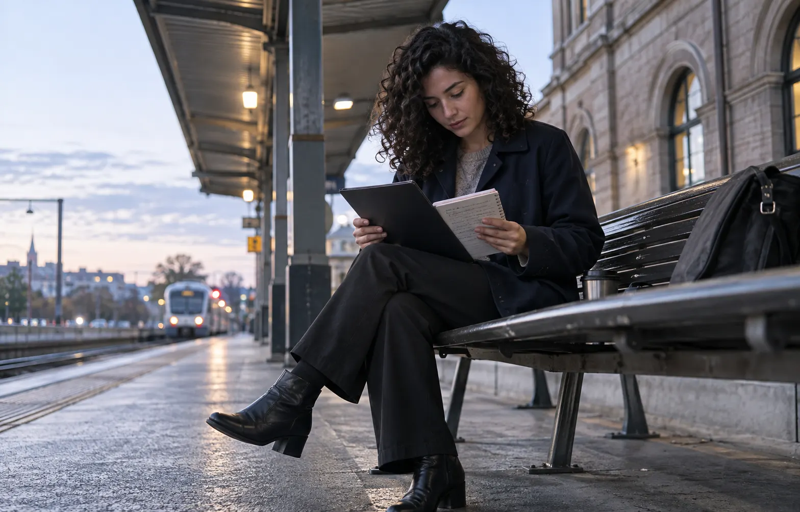 Young adult reviews a small notebook beside a folder on a quiet station bench