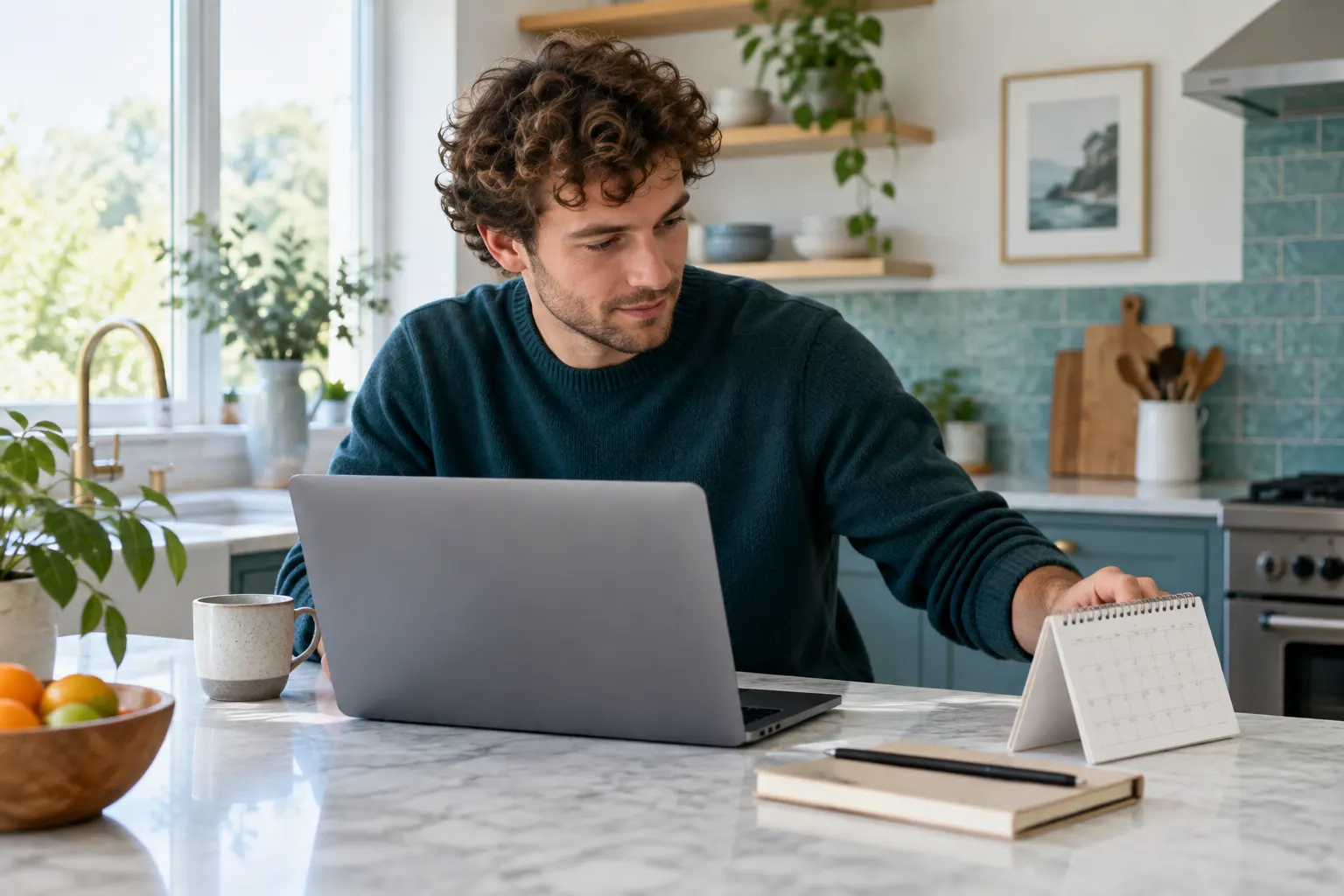 Jovem consulta um calendário de papel ao lado de um notebook em uma cozinha iluminada
