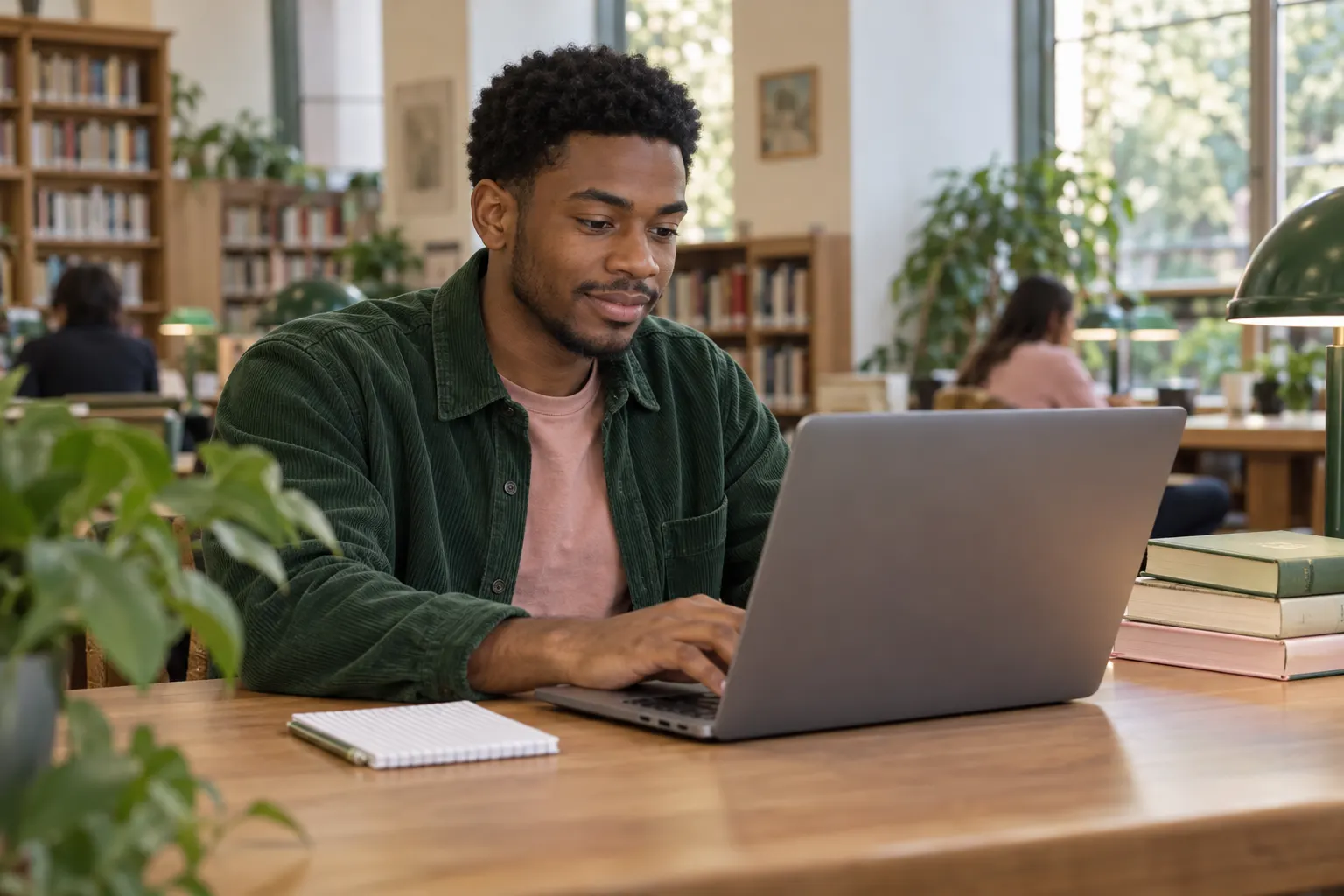 Jovem digita uma resposta em um notebook com uma pequena anotação ao lado em uma biblioteca