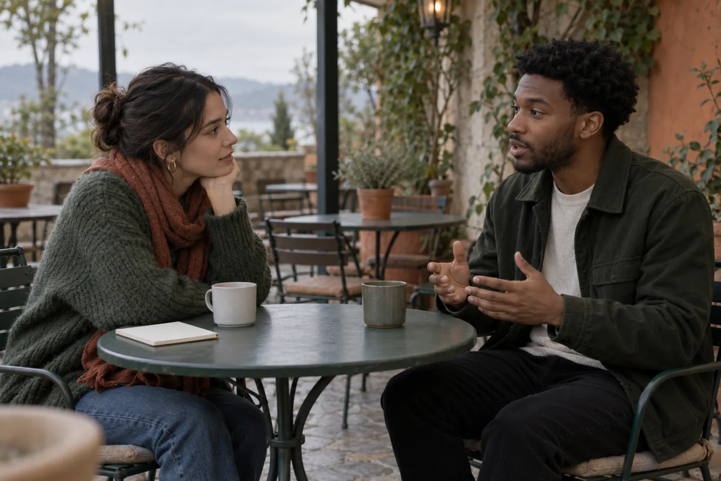 Two young adults practicing a difficult interview follow-up at an outdoor café