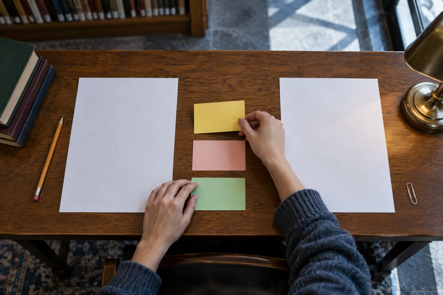 Hands arranging blank evidence cards between two unmarked documents in a library