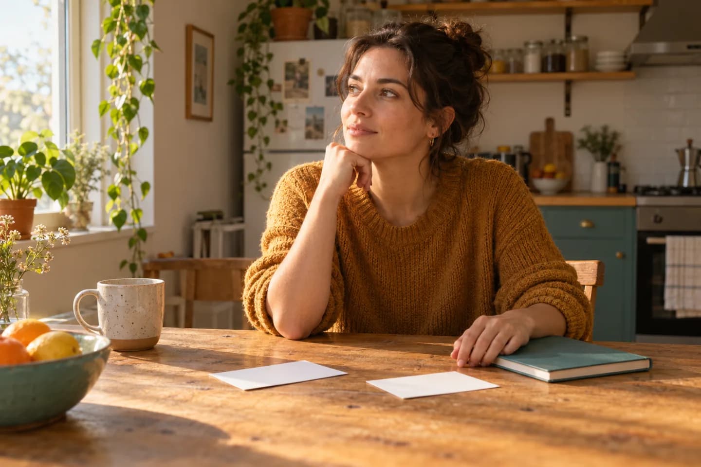 Young adult considering an interview answer at a sunny kitchen table with blank notes