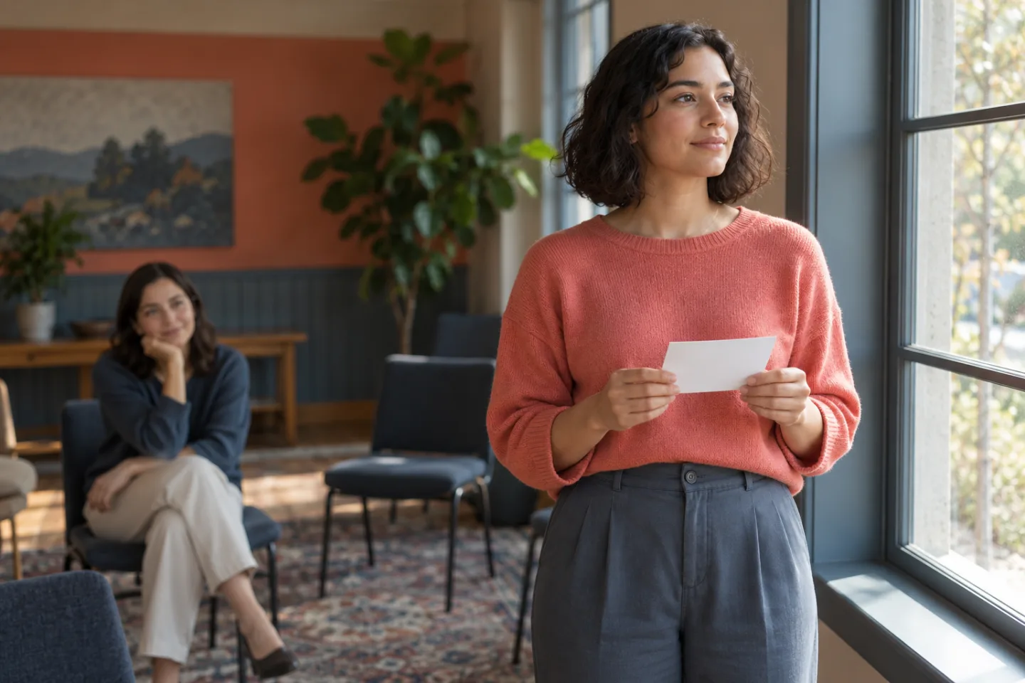 Young adult practicing a spoken answer by a window while a friend listens