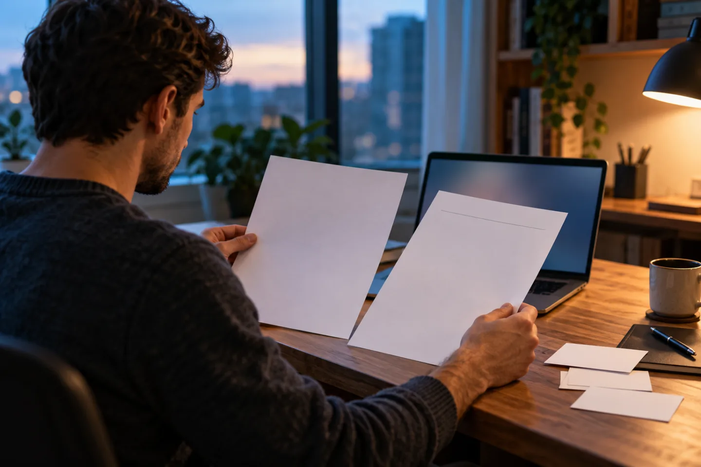 Young adult comparing blank application documents and story cards at a home desk
