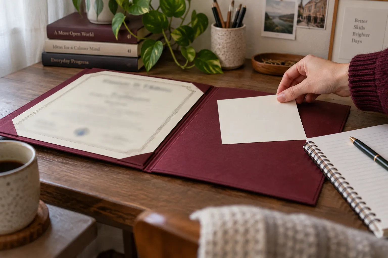 Hand places a fresh note beside an old indistinct certificate in a folder