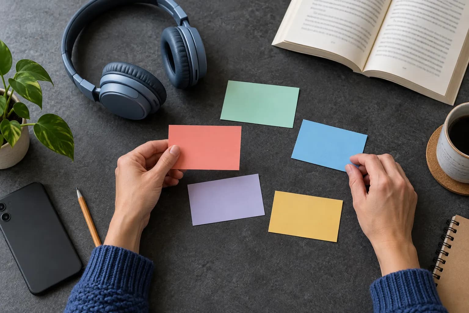 Hands arrange separate colored cards beside headphones and a book on a dark desk