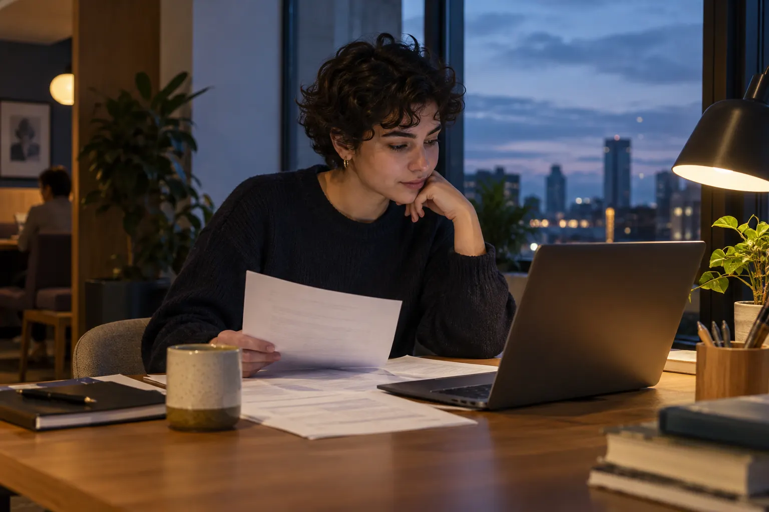 Young applicant compares printed pages with a laptop in a quiet dusk-lit work alcove