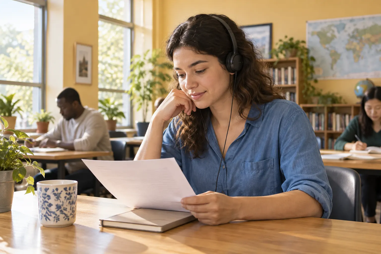 Young adult listens through headphones while reviewing a paper at a bright learning center