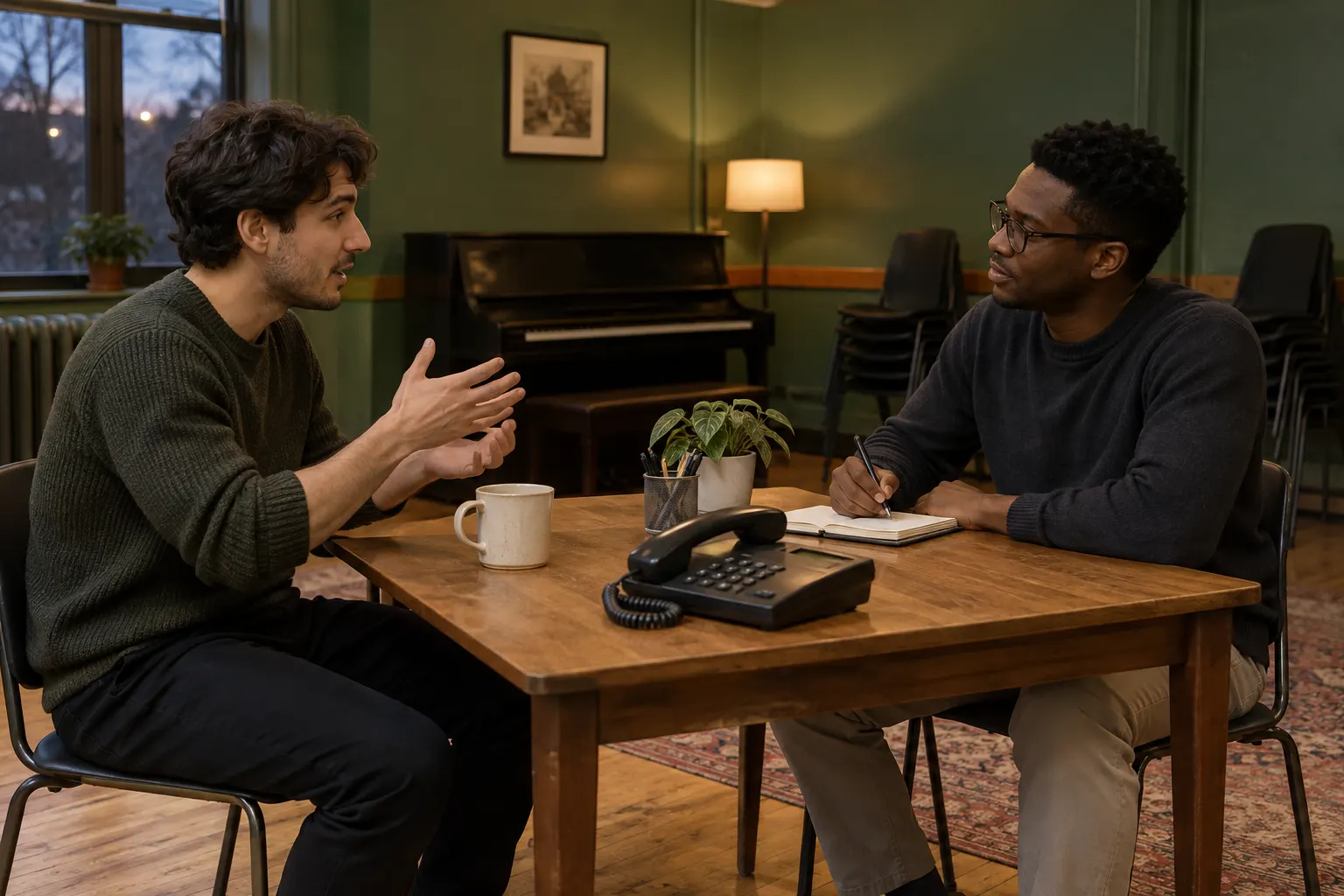 Two young adults rehearse a conversation across a table with a telephone handset