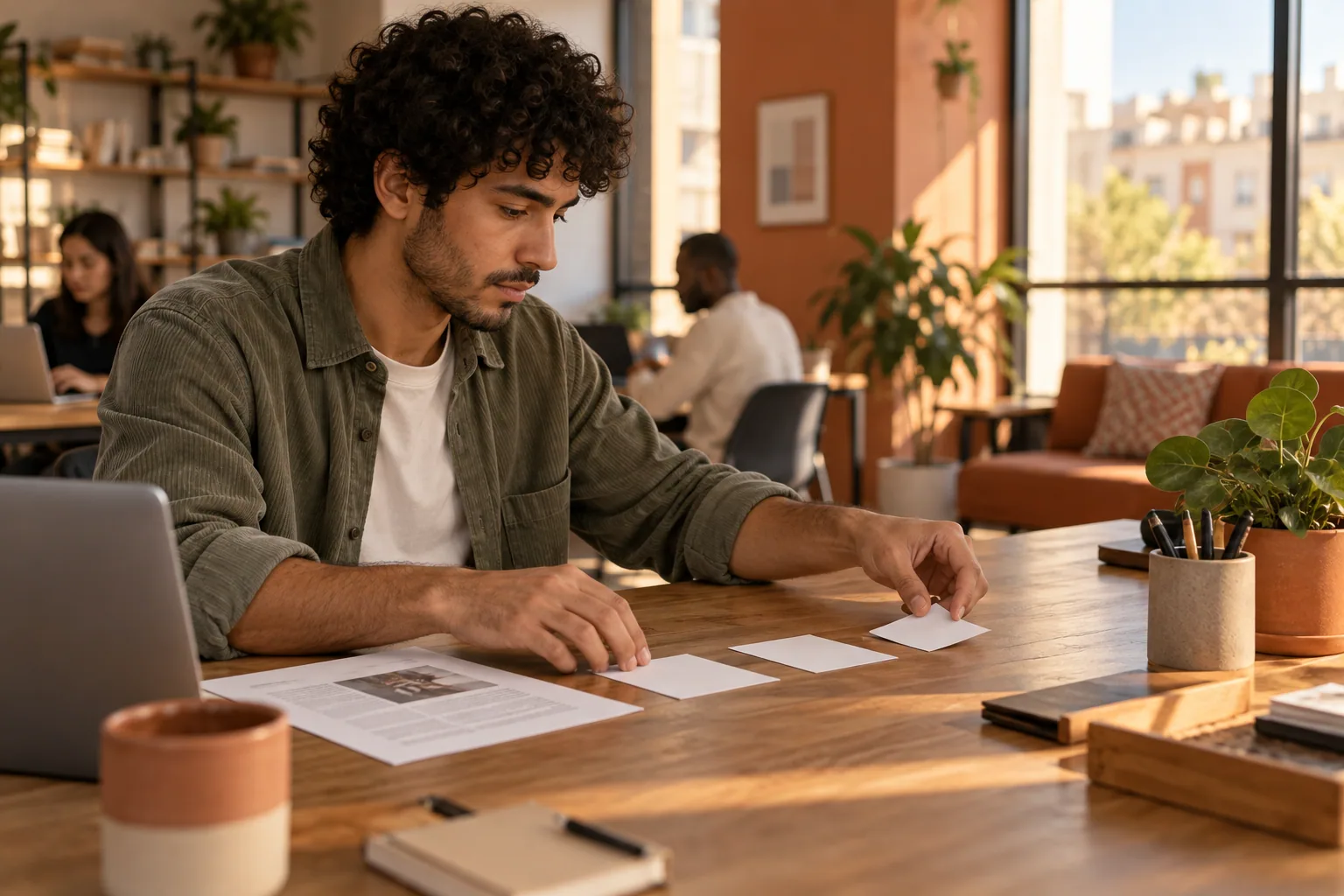 Applicant sorting evidence cards and a job brief into groups at a coworking table